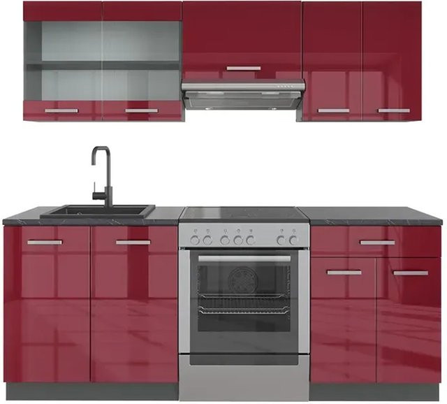Vicco R-Line Küchenzeile Bordeaux Hochglanz und Anthrazit, Breite: 200 cm - Bild 1