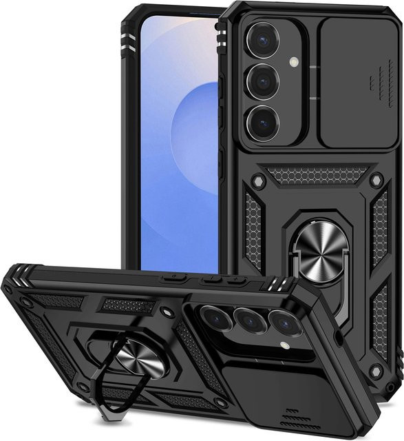 Stoßfeste Schutzhülle für Samsung Galaxy S25 FE mit magnetischem Ringhalter und Kamera-Schiebefenster in Schwarz - Bild 1