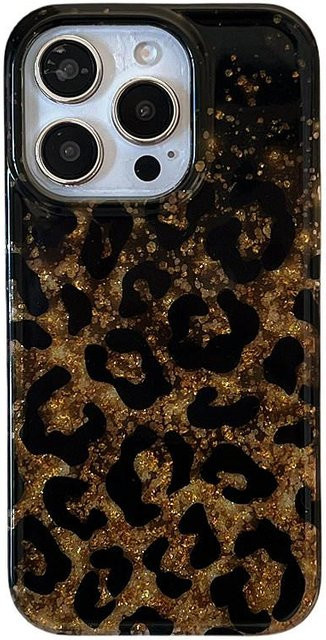 Retro Handyhülle mit Leopardendruck und Glitzer-Effekt in Gold für Apple iPhone 13 14 15 16 17 Pro Max - Bild 1