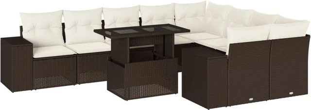 vidaXL 10-tlg. Garten-Sofagarnitur in L-Form aus braunem Poly-Rattan mit cremeweißen Kissen und pulverbeschichtetem Stahlgestell - Bild 1