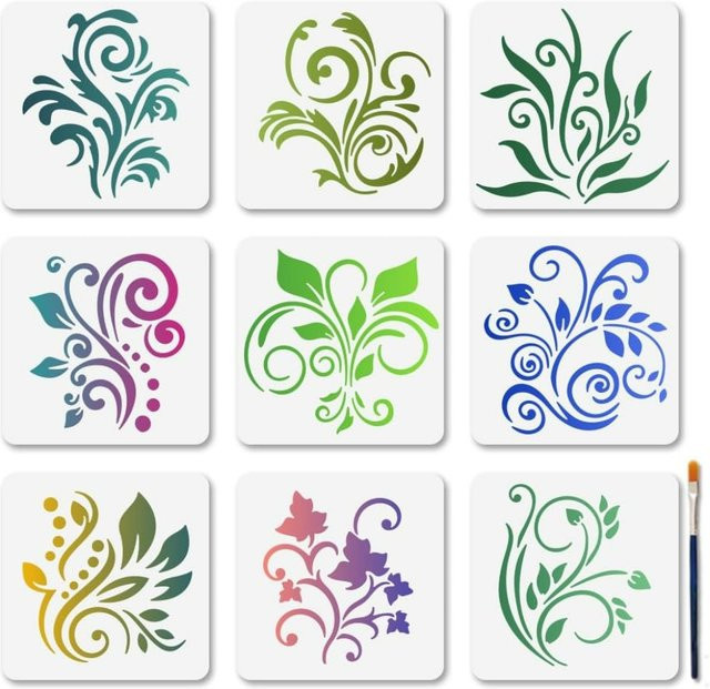 9 Stück DIY-Schablonen Set mit Blumen- und Rankenmotiven, wiederverwendbare Schablonenvorlagen für Zeichnungen, B/B: 15 x 15 cm - Bild 1