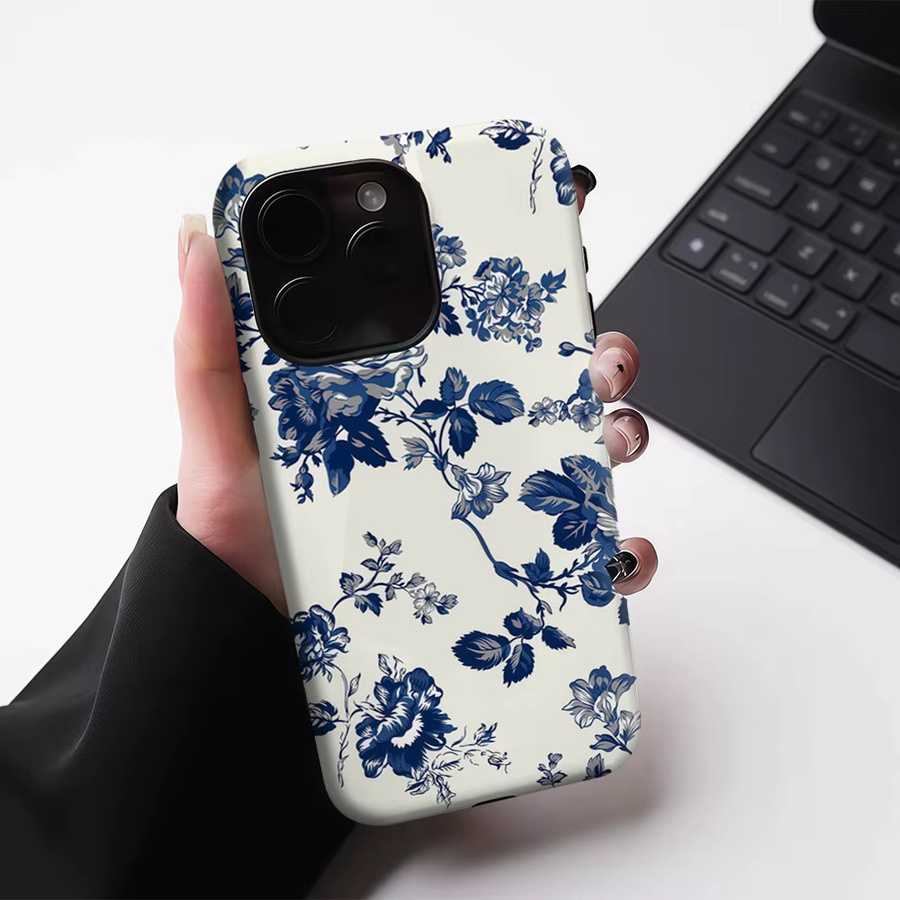 Indigo Floral Magnetische Handyhülle für Apple iPhone 17 16 15 14 13 Pro Max Plus in Blau, robuste doppelschichtige Schutzhülle - Bild 4