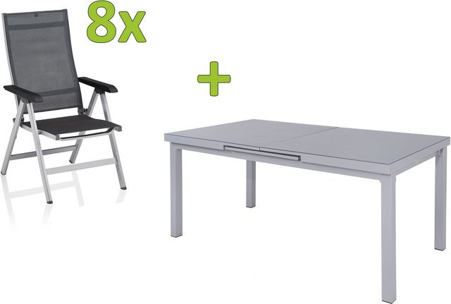 Kettler BasicPlus Premium Garten-Essgruppe aus Aluminium und Textilene in Silber mit 8 Klappstühlen und ausziehbarer Tischplatte, Tisch B: 180 cm bis 240 cm, H: 76 cm, T: 90 cm - Bild 1