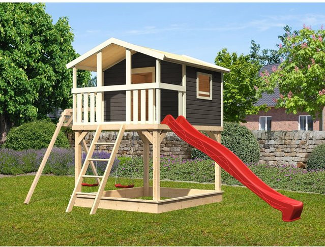 Karibu Stelzenhaus Benjamin in Terragrau mit Doppelschaukel und roter Rutsche - Bild 1