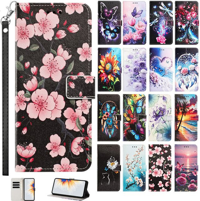 Motorola Handyhülle aus Leder mit Blumenmuster und Trageriemen in Multicolour für MOTO G85 G75 G55 G35 G15 G04 G14 G24 G34 G54 G84 als Flip Back Cover - Bild 1
