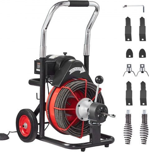 VEVOR Rohrreinigungsmaschine mit automatischer Zufuhr und 8 Schneidmessern, Reinigungsspirale aus Stahl in Rot/Schwarz, Durchmesser: 10,5 mm, Länge: 30 m, für Rohrdurchmesser von 50 bis 100 mm - Bild 2