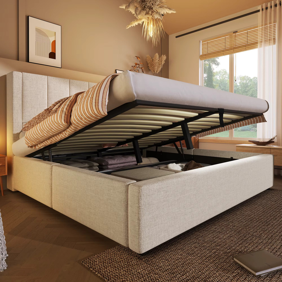 KOMHTOM Polster-Doppelbett mit hydraulischem Stauraum, USB-Ladestation und Becherhalter, B/T: 160 x 200 cm - Bild 2