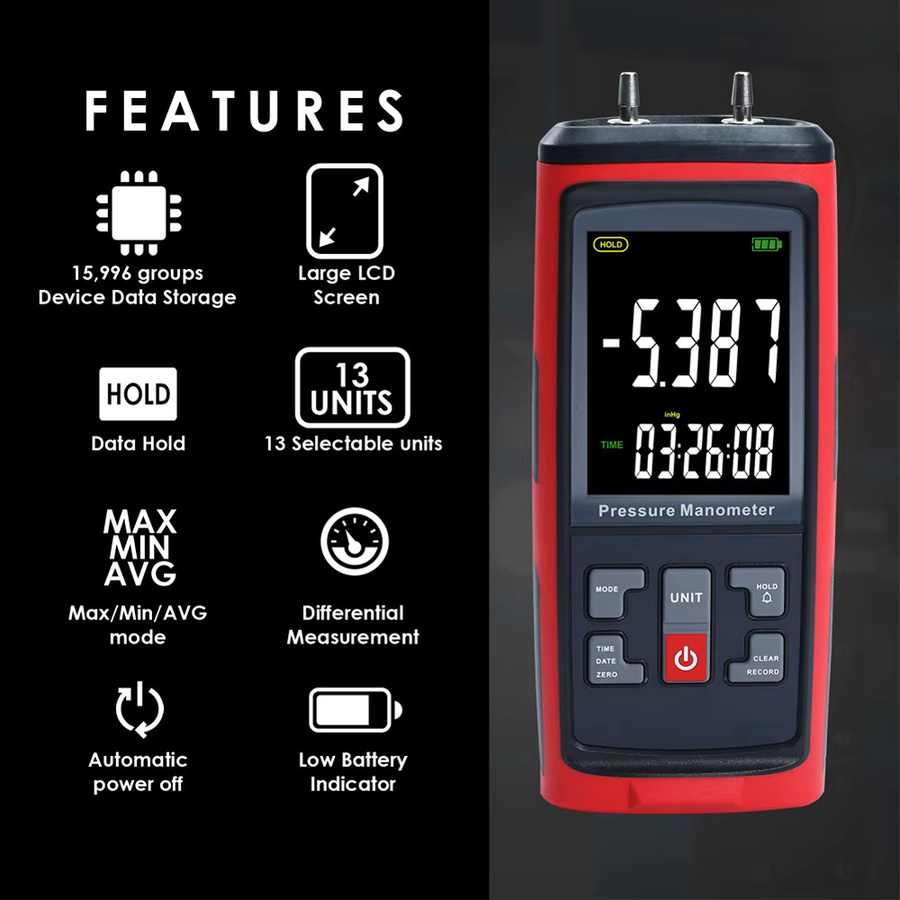 Digitales Differenzmanometer GAIN EXPRESS Luftdruckmesser U-Typ in Rot mit ±50 KPa Messbereich für pneumatische Kompressorventile und Tanks - Bild 2
