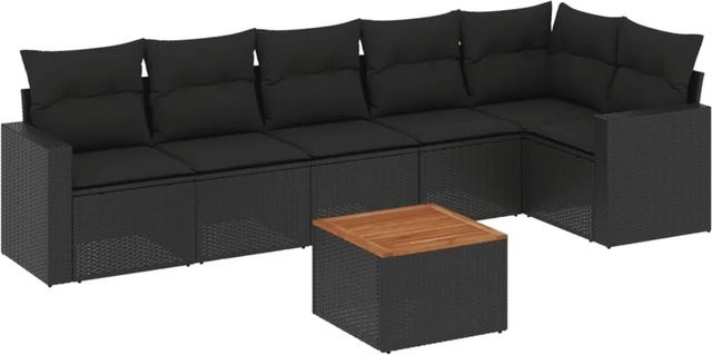 vidaXL 7-tlg Garten-Sofagarnitur Modell 90 aus Poly Rattan und Akazienholz in Schwarz mit Kissen - Bild 1