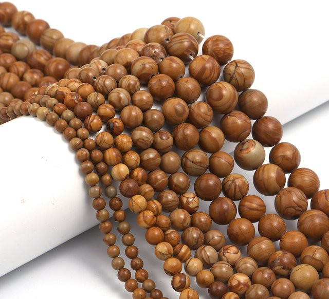 Louleur Steinperlen, gelbe Holzmaserung, rund, für Halskette, Armband - Bild 1