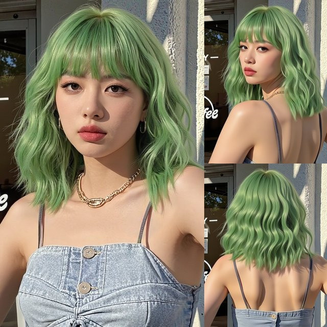 EASIHAIR Perücke, kurze gewellte Bob-Perücke mit Pony, Avocadogrün, Damen - Bild 1