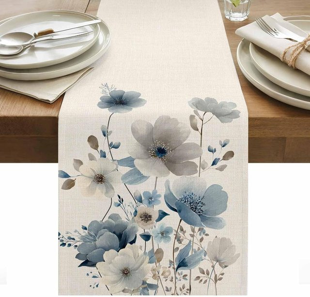 JINGYUE Pet Tischläufer aus Leinen mit Blumenmuster in Aquarell Blau und Grau, B/H: 150 x 33 cm - Bild 1