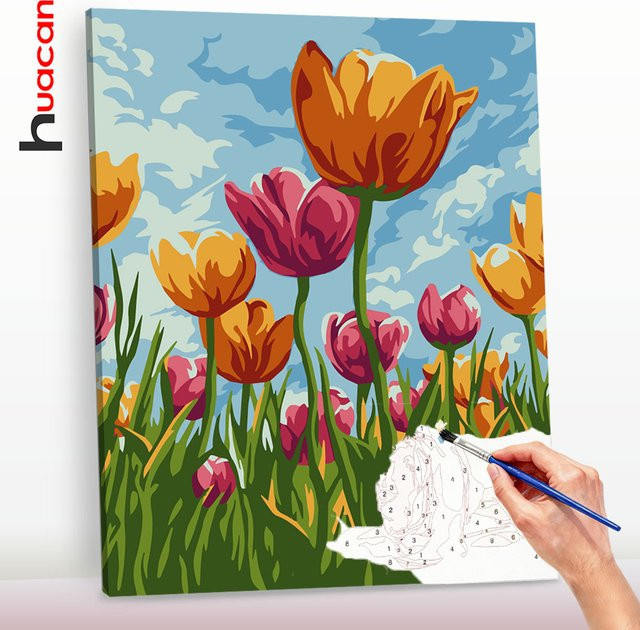 Huacan Malen nach Zahlen Set Tulpen Ölgemälde DIY Blumen Kit für Erwachsene in Mehrfarbig - Bild 1