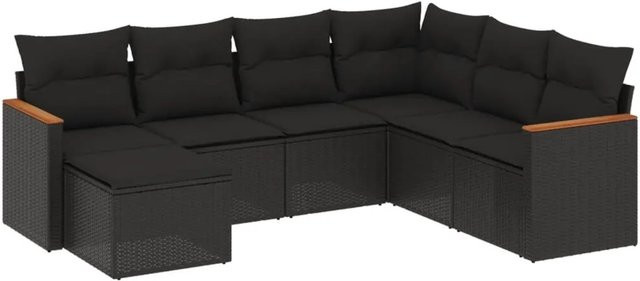 vidaXL 7-tlg Garten-Sofagarnitur in L-Form aus Poly-Rattan und Akazienholz mit Kissen in Schwarz - Bild 1