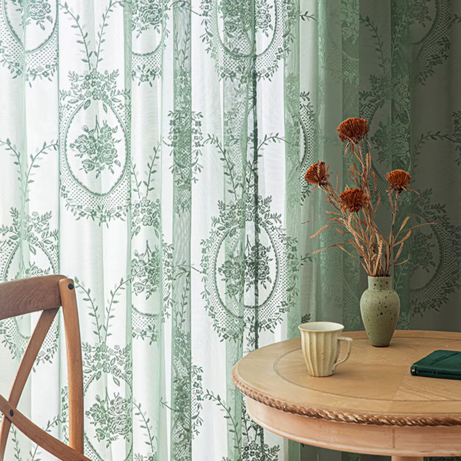 CENTURyMiG Vorhang in Matcha-Grün mit floralem Spitzen-Design und Rüschen-Optik für Schlafzimmer, Wohnzimmer und Balkon - Bild 2