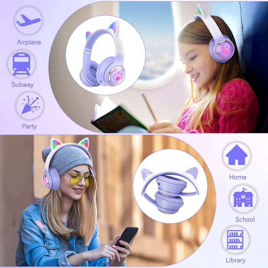 QearFun RGB Katzenohren Bluetooth Gaming Headset für Mädchen mit leuchtenden Katzenkrallen, Stereo Kopfhörer, Schwarz/Lila - Bild 4