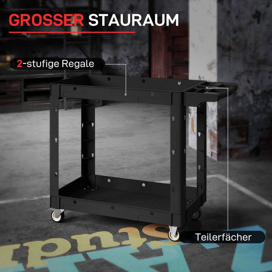 HOMCOM Werkstatt-Rollwagen mit 2 Etagen in Schwarz, B/H/T: 43,5 x 84,5 x 102,6 cm, belastbar bis 227 kg - Bild 4