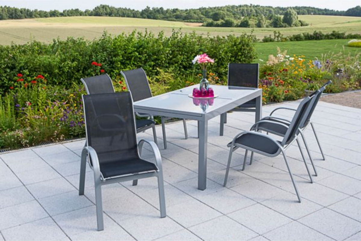 Merxx Tischgruppe Amalfi 7-teiliges Gartenmöbel-Set aus Aluminium und Glas in Schwarz, B/T: 160/220 x 90 cm - Bild 1