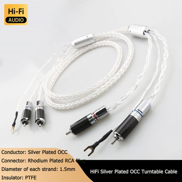 Audiocrast HiFi Versilbertes OCC RCA Phono-Kabel mit Flachstecker und Erdungskabel in Silber und Weiß - Bild 1