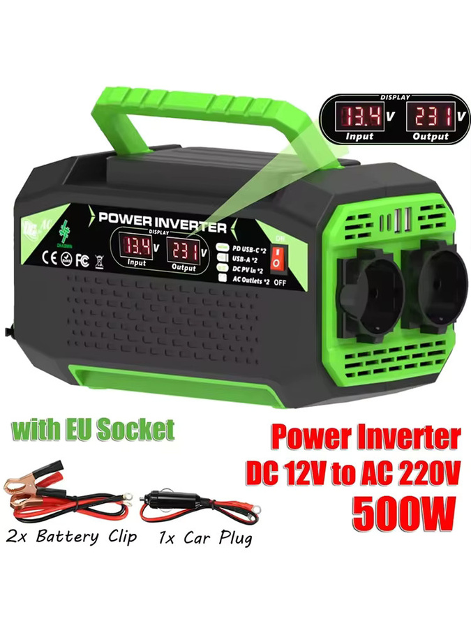 GECOFEER 500W Stromwechselrichter DC 12V zu AC 220V Spannungswandler mit USB-A und USB-C Anschlüssen sowie EU-Steckdose für Laptops und Außeneinsatz - Bild 6
