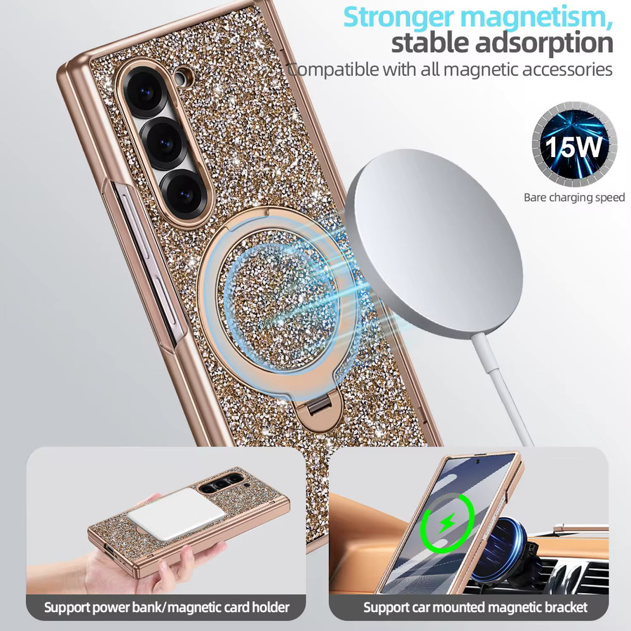 VIETAO Glitzer PU-Leder Handyhülle mit drehbarem Ringhalter und Ständer für Galaxy Z Fold 7 und Galaxy Z Fold 6 in Pink Gold Multicolour mit magnetischem Vollschutz - Bild 3