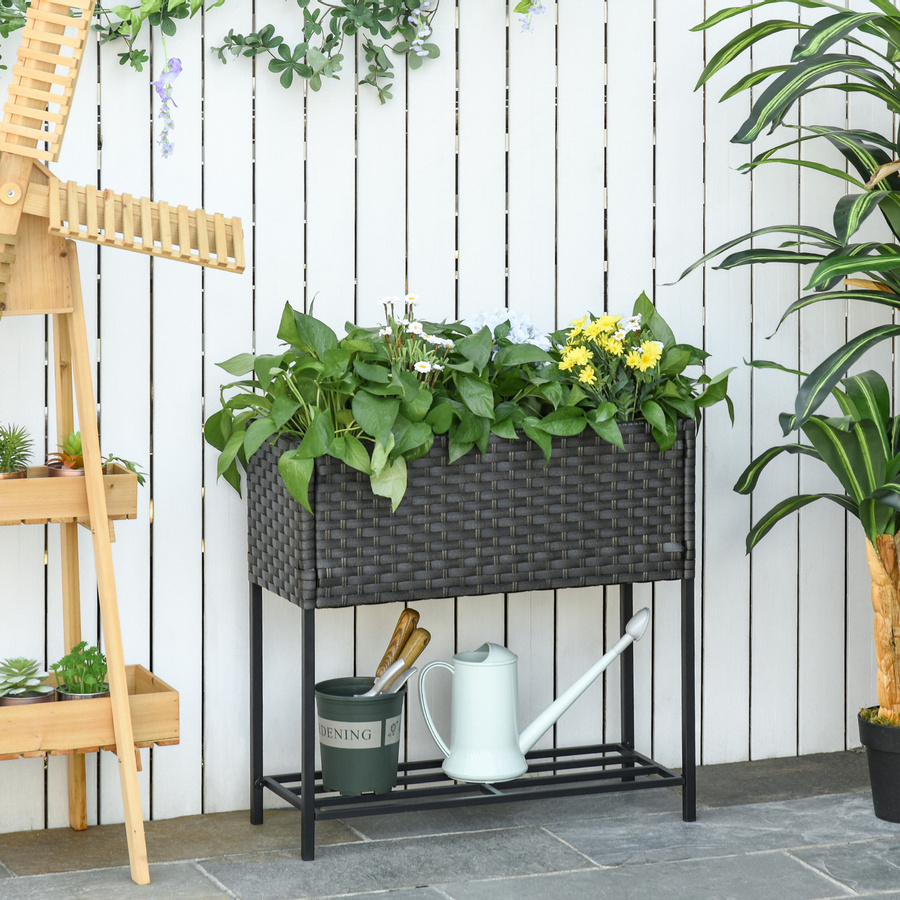 Outsunny Hochbeet Blumenkasten aus Poly Rattan mit Füßen und Ablage, braun, B/T/H: 70 x 30 x 72 cm - Bild 2