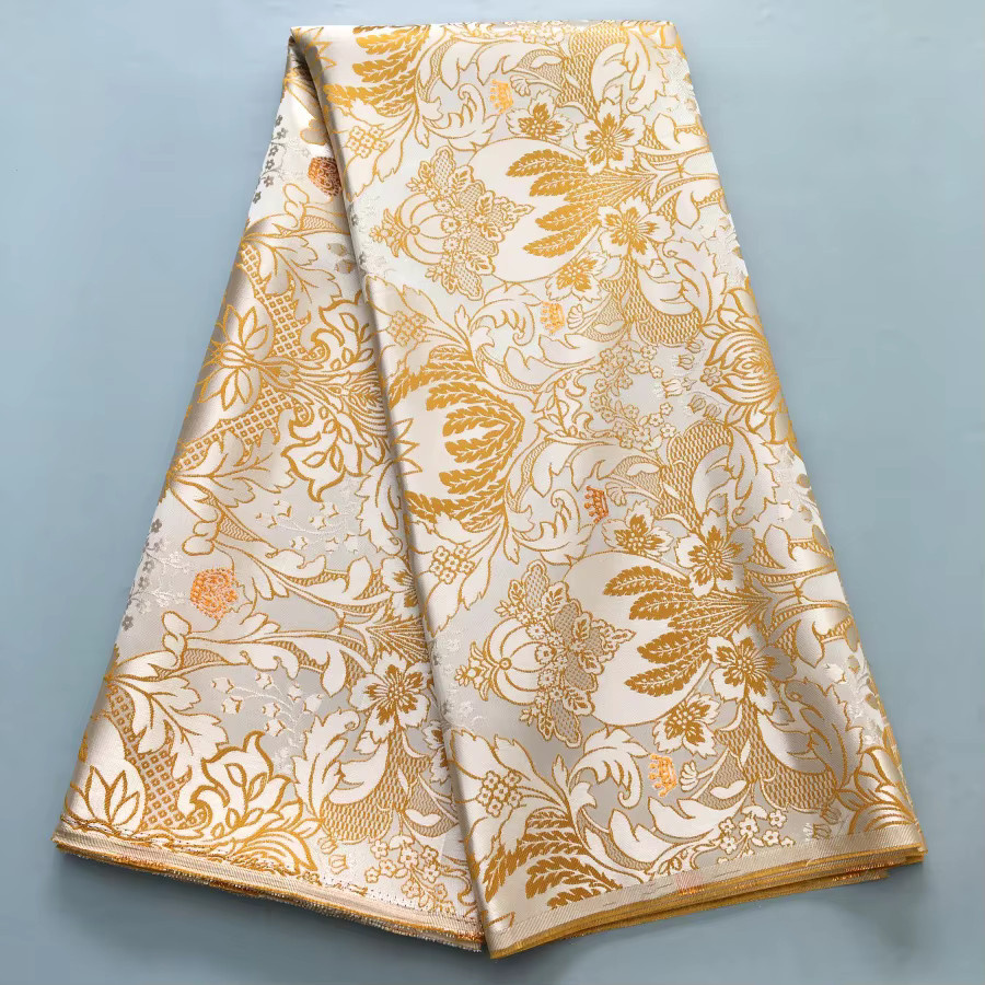 Caleefun Afrikanischer Brokat-Jacquard-Spitzenstoff in Gold auf cremefarbener Elfenbeinbasis für Kleider, Blusen, Brautmode und Dekorationen - Bild 2