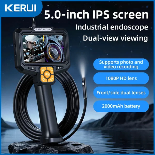 KERUI Industrie-Endoskop mit Dual-Lens und 5 Zoll IPS-Bildschirm, HD1080P Inspektionskamera für Kanalisation und Autoreparatur, IP67 wasserdicht, Schwarz - Bild 1
