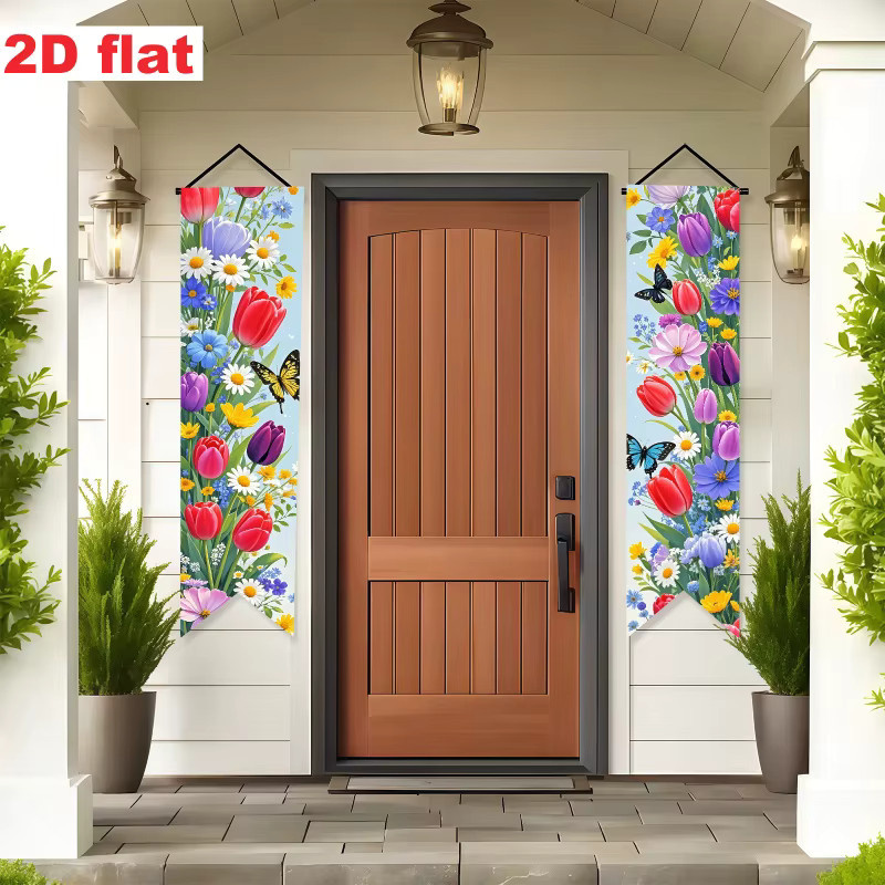 VIKAMA Frühlingsblumen-Veranda-Banner mit Tulpen- und Schmetterlingsdruck, Mehrfarbiges 2D-Flachdekorationspanel für Oster- und Frühlingspartys, B: 120 cm, H: 30 cm - Bild 3