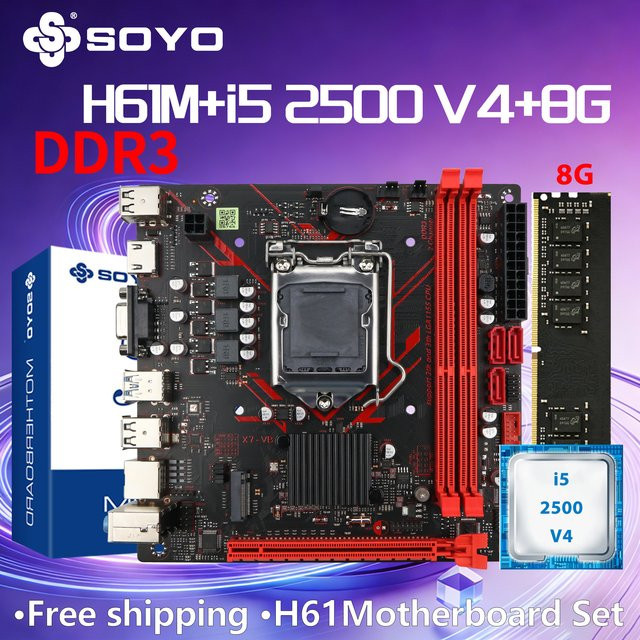 SOYO H61M DDR3-AX Motherboard Set mit Intel Xeon und i5 2500 CPU sowie 8GB DDR3 Dual Memory, LGA1155, M.2, SATA2.0, HDMI, VGA, PCIE3.0X8, USB2.0, Schwarz - Bild 1