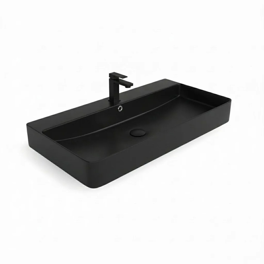 Stilform Berlin Waschbecken aus Keramik in Schwarz Matt mit Hahnloch für Wandmontage oder als Aufsatzwaschbecken, Breite: 80 cm - Bild 2