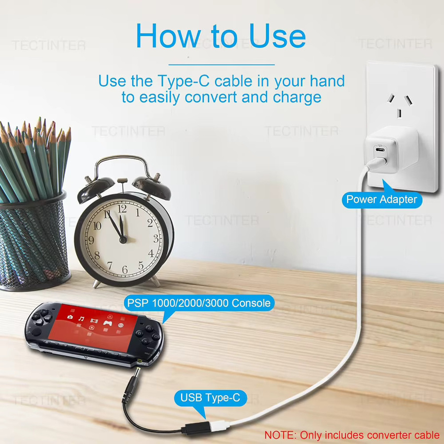 TECTINTER USB-C Ladeadapter für PSP 1000 2000 3000 Konsole in Schwarz mit LED-Konverter - Bild 4