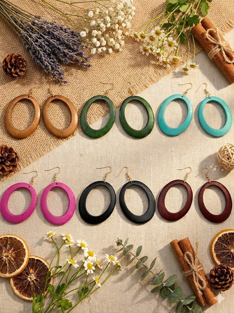 YULUCH Ohrring-Set, Damen, bunte ovale geometrische hölzerne Ohrringe - Bild 1