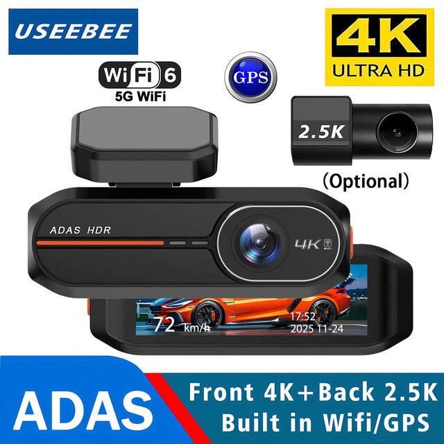 USEEBEE Dashcam Dual-Objektiv mit UHD 4K 2160P und 2.5K Auflösung, ADAS, WIFI und GPS, inklusive Rückfahrkamera, Farbe: Schwarz - Bild 1