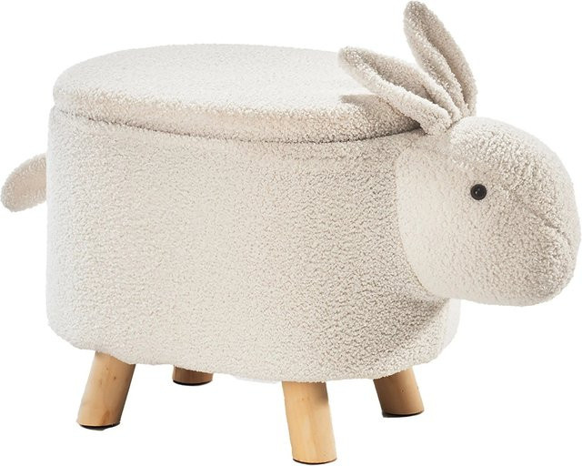 Kobolo Tierhocker Kinderhocker Bunny Design Hase in Weiß mit Staufach aus Teddystoff - Bild 1