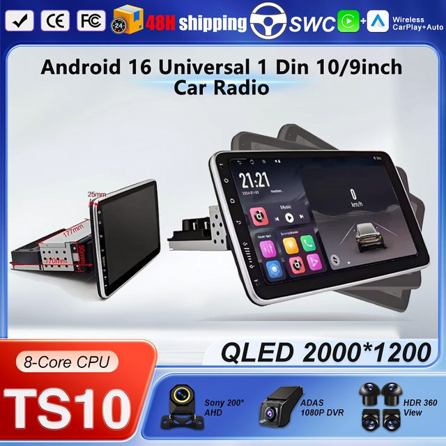 FengShiDa Universal Drehbares Autoradio mit Android 16, 10,1 Zoll Multimedia-Player inklusive Carplay, GPS-Navigation, Bluetooth und WIFI in Schwarz - Bild 1