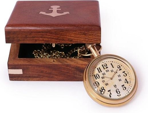 Antike Taschenuhr aus Messing in Gold mit Holzbox und langer Kette