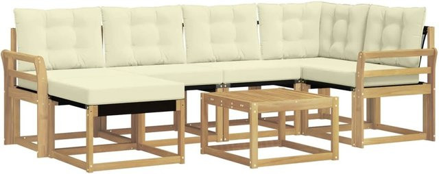 vidaXL Outdoor-Sofagarnitur 7-teilig aus Akazienholz in Weiß und Beige mit Kissen und Couchtisch - Bild 1