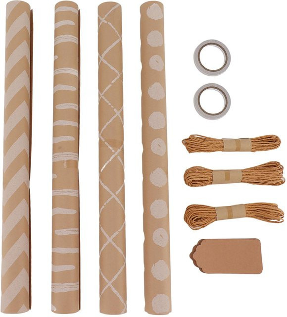 CosyHome Geschenkpapier Set aus Kraftpapier in Braun und Gelb mit Anhängern - Bild 1