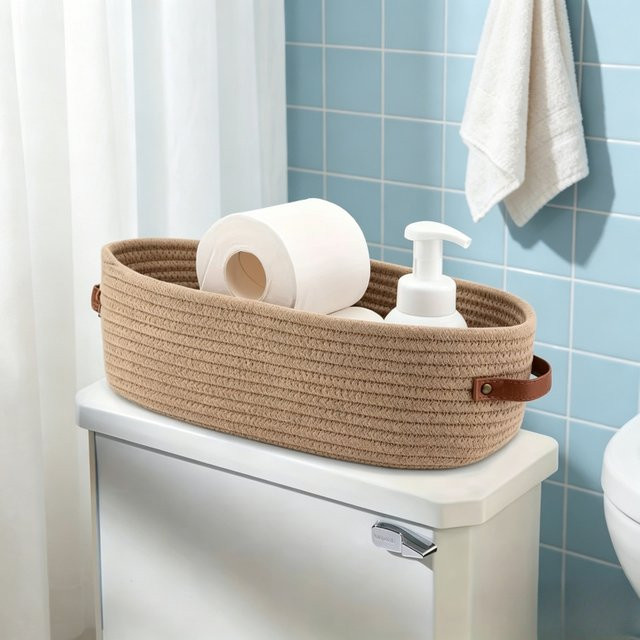 Ovaler geflochtener Badezimmer-Aufbewahrungskorb in Beige und Weiß als multifunktionaler Organizer für Schreibtisch, Toilettenpapier oder Spielzeug - Bild 1
