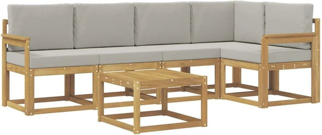 vidaXL Outdoor-Sofagarnitur 6-teilig in L-Form aus massivem Akazienholz mit Polsterkissen in Weiß und Hellgrau - Bild 1
