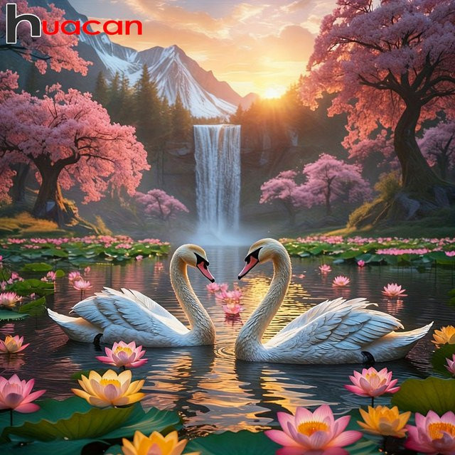 Huacan Voll-Diamant-Gemälde Schwanensee Lotus Diamant-Mosaik Tier-Landschaft in Multicolour, B/T/H: 20 x 20 x 20 cm - Bild 1