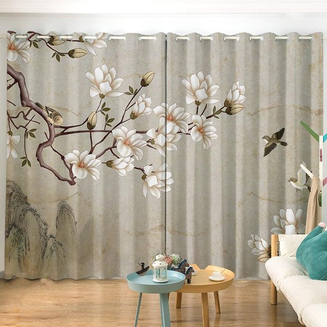 2er-Set A Family Of Home Textiles Vorhänge im chinesischen Stil mit Pfirsichblüten und Lotus-Tuschmalerei, beige, halbtransparent, B: 50 cm, H: 50 cm - Bild 1