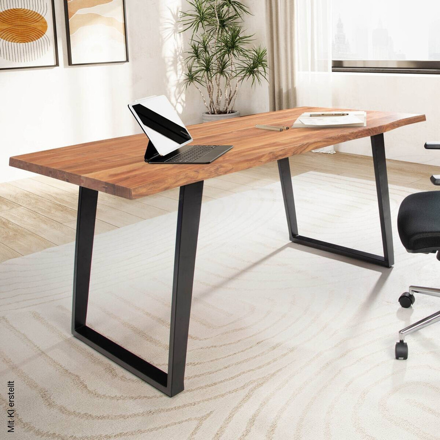 Wohnling Schreibtisch aus Akazie und Metall in Braun mit Live Edge Design B/H/T: 200 x 76 x 100 cm - Bild 2