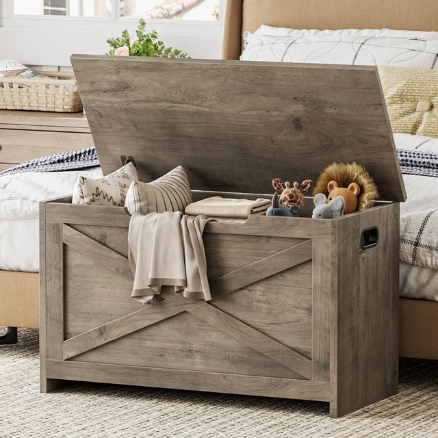 GarveeHome Moderne Farmhaus Holz-Aufbewahrungstruhe mit Sitzbank in Weiß, Organizer-Kommode für Eingangsbereich, Schlafzimmer oder Wohnzimmer mit Sicherheits-Scharnier, Höhe: 76,2 cm - Bild 1