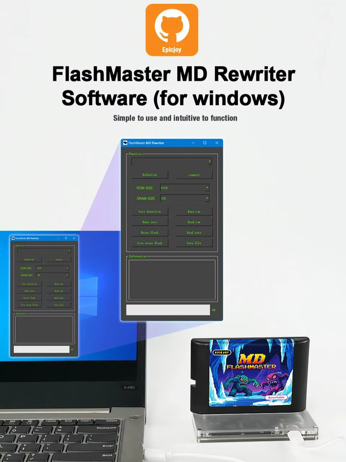 TICKNOT Flashmaster MD Rewriter für Megadrive Genesis mit 4MB Speicher und 32KB FRAM Cart für MD-Spielkassetten-Programmierung - Bild 6