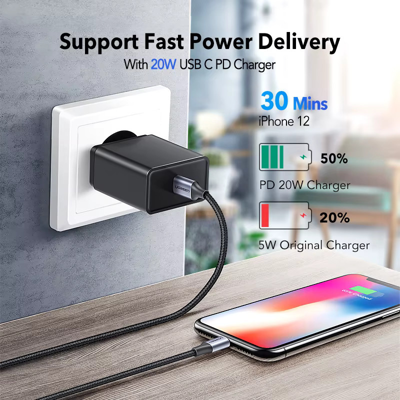 Ugreen MFi USB-C auf Lightning Schnellladekabel und Datenkabel für iPhone, 20W PD, Grau - Bild 3