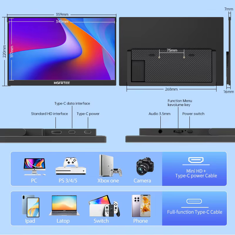 HGFRTEE Tragbarer 15,6 Zoll Monitor mit FHD IPS Display in Schwarz für Laptops mit USB-C und HDMI Anschluss - Bild 4