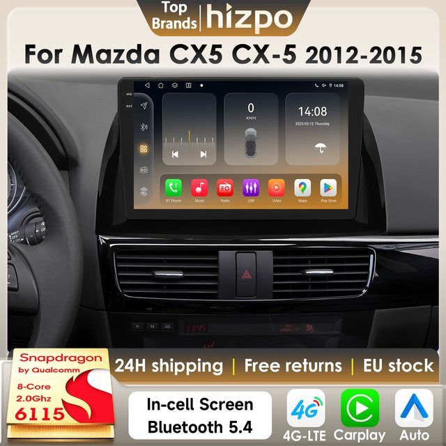 Hizpo Intelligentes Autoradio für Mazda CX5 2012-2015 mit Android 14, Qualcomm Snapdragon 6115 8-Core Prozessor, AI CarPlay, GPS, DSP und Bluetooth 5.4, Schwarz - Bild 1