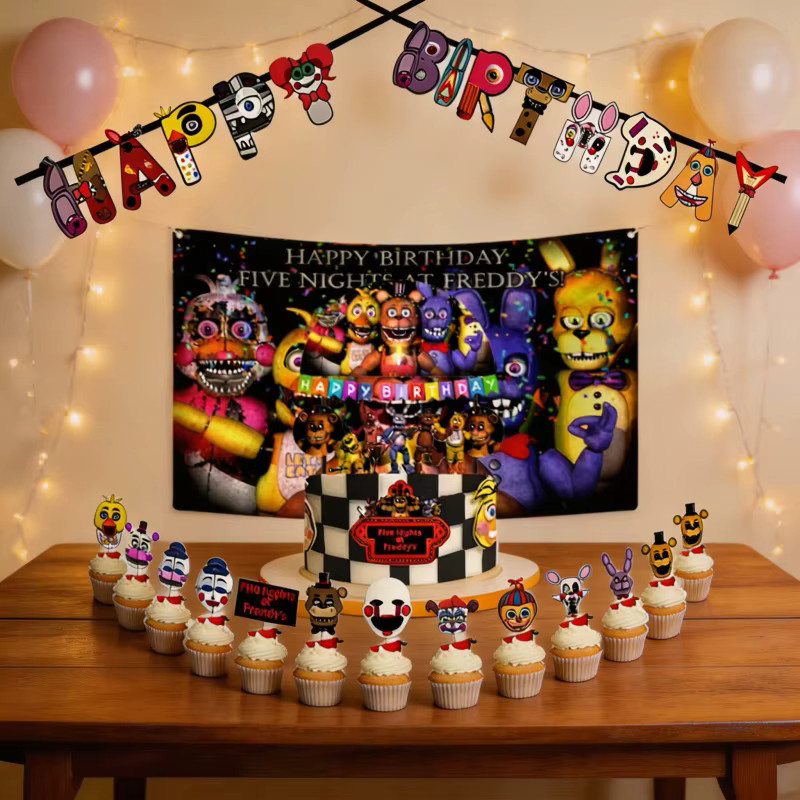 Five Nights at Freddy's Party-Set mit Hintergrund-Tortendekoration und Cupcake-Banner, mehrfarbig - Bild 3